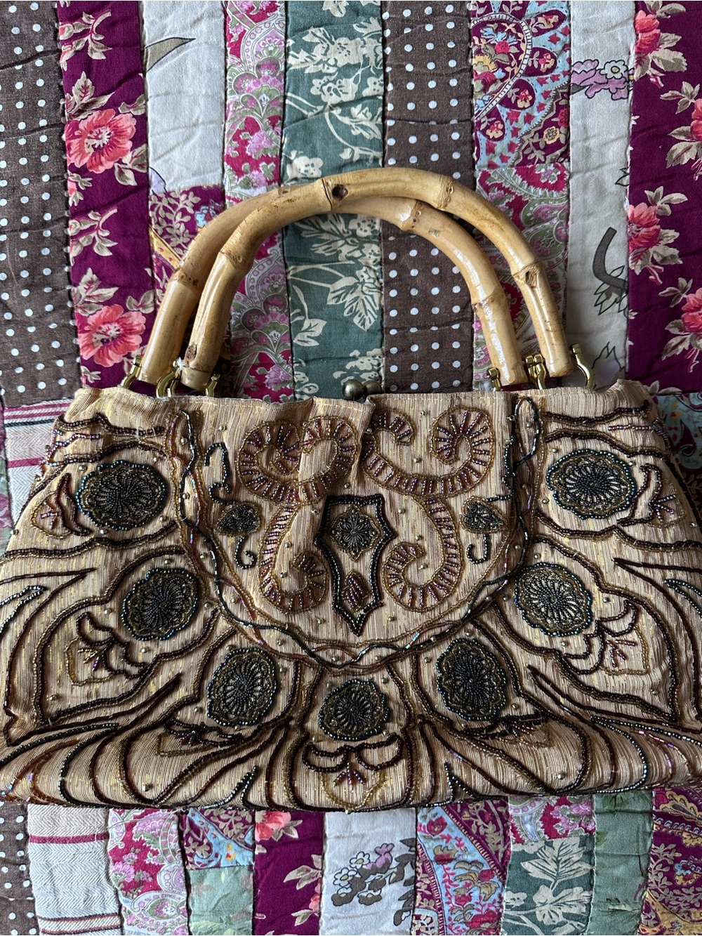 Vintage Embellished Bamboo-Handle Shoulder Bag in Beige